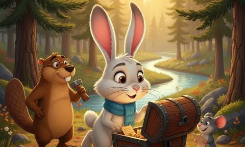 Léo, un lapin blanc aux grandes oreilles roses et yeux noisette, s'agenouille, émerveillé, pour ouvrir un coffre ancien; il porte une petite écharpe bleue, ses pattes sont légèrement terreuses et ses moustaches frémissent. Miette, une minuscule souris grise au sourire malicieux, tient un parchemin à droite, tandis que Victor, un castor brun trapu à lunettes et queue texturée, se tient à gauche avec un outil sur l'épaule. La clairière ensoleillée au pied de pins, avec une rivière sinueuse en arrière-plan, encadre le coffre sculpté entrouvert révélant parchemins jaunis et petites reliques en bois, baigné d'une lumière dorée; atmosphère chaleureuse, textures bois et mousse, silhouettes cel-shading, ambiance d'émerveillement et d'amitié.