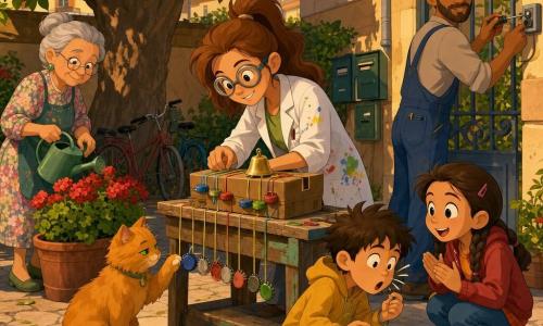 Femme inventrice souriante et concentrée, lunettes rondes, cheveux châtain clair en queue de cheval, blouse tachée de peinture, bidouille une boîte à chaussures transformée en « boîte à sons » posée sur un banc en bois; à côté, le chat roux Pistache aux yeux verts donne un coup de patte curieux vers un bouchon suspendu; la voisine Madame Lenoir, ~60 ans, cheveux gris en chignon et robe fleurie, arrose des géraniums en regardant bienveillante; Monsieur Karim, ~45 ans, barbe courte, casquette et salopette, répare une sonnette près du portail et observe intrigué; la fille Lila, ~8 ans, tresses et veste rouge, écoute accroupie et applaudit doucement; le garçon Tom, ~9 ans, cheveux en bataille, trottinette à côté, fait une grimace surprise après un éternuement; cour d’immeuble en fin d’après-midi avec pavé, grand marronnier, vélos appuyés, boîtes aux lettres et portail métallique, lumière dorée et ombres longues; la femme ajuste élastiques, bouchons et une petite clochette: l’invention transforme le bruit du portail en une série de sons doux, scène chaleureuse et rassurante.