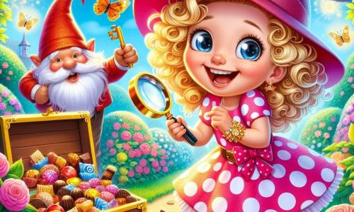 Zoé, une fille de 6 ans aux cheveux bouclés et dorés, porte une robe rose à pois et un chapeau de détective. Elle sourit en tenant une loupe et une clé en or, devant un coffre en bois ouvert rempli de chocolats et de bonbons. À côté d'elle, un nain de jardin souriant, avec un chapeau rouge et une barbe blanche, rit de la danse de Zoé. Le jardin est coloré, rempli de fleurs, de papillons et d'un grand chêne aux feuilles brillantes. Zoé, joyeuse, découvre son trésor après avoir résolu une énigme, dans une atmosphère magique.