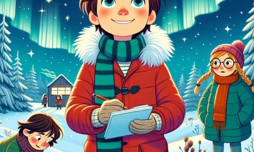 Lucas, un garçon de 11 ans aux cheveux bruns en bataille et aux joues rosies, se tient au sommet d'une colline enneigée, souriant et dessinant dans son carnet. Il porte un manteau rouge, une écharpe rayée et des gants. À ses côtés, Clara, 10 ans, admire le ciel étoilé dans une doudoune bleue, tandis que Maxime, 11 ans, s'émerveille des aurores boréales dans un manteau vert et des lunettes rondes. Le paysage est enchanteur, avec des arbres chargés de neige et un ciel nocturne illuminé par les aurores boréales. Les trois enfants sont captivés par la beauté de l'hiver.