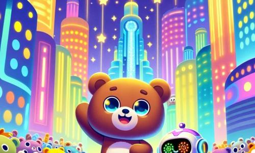Un ours brun nommé Bobo, avec un pelage doux et des yeux curieux, se tient joyeusement devant une grande machine à bonbons, les bras levés en signe de victoire. À ses côtés, Riri, un robot aux yeux brillants, danse avec enthousiasme, ses bras métalliques agitant dans les airs un grand sourire. Le décor de Lumiville, une ville futuriste illuminée par des lumières scintillantes, présente des bâtiments colorés ressemblant à des arbres géants et des étoiles brillantes dans le ciel. La scène montre Bobo et Riri distribuant des bonbons en forme d'étoiles à une foule d'ours joyeux, tous émerveillés par les friandises, créant une ambiance festive et joyeuse, illustrant l'esprit d'amitié et de partage.