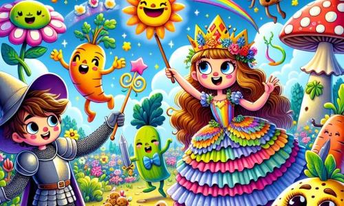 La princesse Pétillante, une fillette joyeuse d'environ 10 ans, porte une robe à volants arc-en-ciel et une couronne bancale. Ses cheveux bouclés et dorés brillent au soleil, et elle sourit espièglement tout en brandissant une épée en marshmallow, prête à affronter les défis du jardin magique. À ses côtés, le chevalier Croquette, un garçon d'environ 12 ans avec des cheveux bruns en bataille et une armure en chocolat, observe la scène avec curiosité, tenant un bouclier en biscuit. Le jardin magique est féerique, rempli de fleurs dansantes, de légumes aux visages amusants et de champignons géants colorés. Pétillante et Croquette se tiennent face aux trois sorcières : Barbichette, BadaBoom et Gigote, qui rient aux éclats tandis que les fleurs dansent autour d'elles, créant une ambiance drôle et magique.