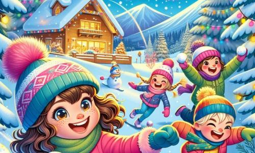 Zoé, une fille de 8 ans aux cheveux bruns et bouclés, porte un manteau rose vif et un bonnet à pompon. Elle a des yeux pétillants d'excitation et un grand sourire, prête à lancer une boule de neige. À côté d'elle, Lucas, un garçon de 9 ans avec un bonnet bleu, rit en tenant une boule de neige. Aya, une fille de 8 ans aux cheveux blonds tressés, se trouve un peu en arrière, riant en essayant d'éviter une boule de neige. La scène se déroule dans une station de ski magique, entourée de sapins recouverts de neige, sous un ciel étoilé avec des feux d'artifice. Au loin, un chalet chaleureux est illuminé par des guirlandes colorées. Zoé et ses amis s'amusent à jouer à une bataille de boules de neige, riant et courant dans la neige fraîche, tandis que l'esprit de la fête du Nouvel An les enveloppe de joie et d'amitié.