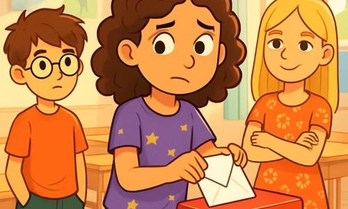 Lina, une fille de 12 ans aux cheveux châtains bouclés et aux yeux curieux, se tient au centre d'une salle de classe lumineuse, hésitante mais déterminée, avec un t-shirt violet et un jean décontracté. Elle tient une lettre qu'elle s'apprête à insérer dans une boîte rouge brillante. À sa droite, Romane, sa meilleure amie, la soutient avec un sourire, tandis qu'à gauche, Jules, un garçon aux cheveux bruns en bataille et lunettes rondes, observe pensivement. La classe est décorée de dessins d'enfants et d'une grande carte du monde. Lina réfléchit à l'importance de l'honnêteté dans ses relations.