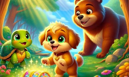 Max, un petit chien doré aux yeux curieux, se tient au centre d'une clairière, joyeux et excité. À ses côtés, Tilly, une tortue aux motifs colorés, sourit gentiment, tandis qu'un ours brun au regard chaleureux les observe amicalement. La scène se déroule dans une clairière enchantée, entourée d'arbres majestueux et de fleurs géantes, avec un coffre en bois scintillant au centre. Ensemble, ils découvrent un trésor de sagesse, un coffre rempli de livres magiques, symbolisant l'amitié et l'aventure, et se promettent de partager leurs histoires et de vivre de nouvelles aventures.