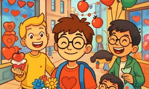 Quatre enfants célèbrent la Saint-Valentin dans la rue des Cœurs en Fête, décorée de guirlandes et de ballons. Tom, 10 ans, souriant au centre, tient un bouquet de fleurs. À sa gauche, Arthur montre un cupcake en forme de cœur. À sa droite, Yanis, riant, tient un sachet de bonbons. Derrière, Maxime jongle avec des pommes. Ils partagent des bonbons et rient, préparant une chasse au trésor dans une ambiance festive et joyeuse.