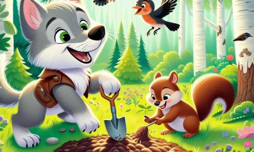 Dans une clairière ensoleillée de la forêt, un petit loup nommé Léo, avec un pelage gris et des yeux curieux, plante des graines avec enthousiasme. À ses côtés, un merle joyeux chante pour l'encourager, tandis qu'un écureuil espiègle, tenant une petite pelle, rit en le regardant. La clairière, entourée d'arbres majestueux et de fleurs colorées, crée une atmosphère joyeuse et printanière. Léo, plein d'énergie, symbolise le renouveau et la camaraderie parmi les animaux de la forêt.