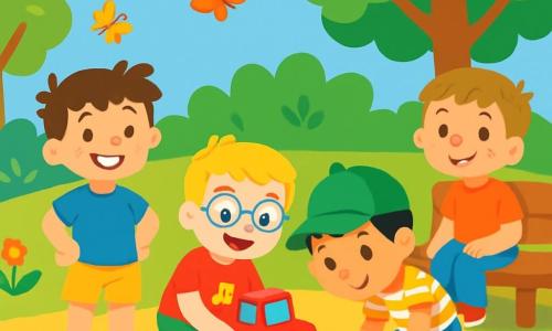 Quatre enfants sont présents : Léo, un garçon de 4 ans aux cheveux bruns, souriant et vêtu d'un t-shirt bleu et d'un short jaune ; Max, avec des cheveux blonds et des lunettes rondes, accroupi avec son camion rouge ; Sami, aux cheveux noirs et casquette verte, penché sur une trace de sable ; et Tom, avec des cheveux châtains et des taches de rousseur, assis sur un banc en bois. Ils se trouvent dans un jardin ensoleillé, rempli de fleurs et de verdure, où ils cherchent le camion de Max, examinant le sol avec des traces de roues dans le sable. L'ambiance est joyeuse et pleine d'aventure.