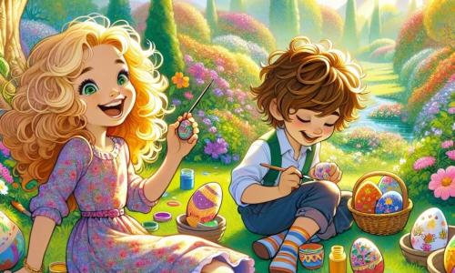 Lila, une petite fille de 10 ans aux cheveux bouclés et dorés, sourit en peignant des œufs de Pâques colorés dans un jardin ensoleillé. Elle porte une robe à fleurs et des bottes en caoutchouc. À ses côtés, Tom, son meilleur ami de 9 ans aux cheveux bruns en bataille, rit en tenant un œuf en bois décoré en forme de dinosaure. Clara, une fille de 8 ans aux cheveux longs, décore son œuf avec des étoiles et des arcs-en-ciel. Le jardin, rempli de fleurs éclatantes et d'un grand arbre, crée une ambiance joyeuse. Cette scène représente un moment magique de créativité et de rires entre enfants en célébration de Pâques.