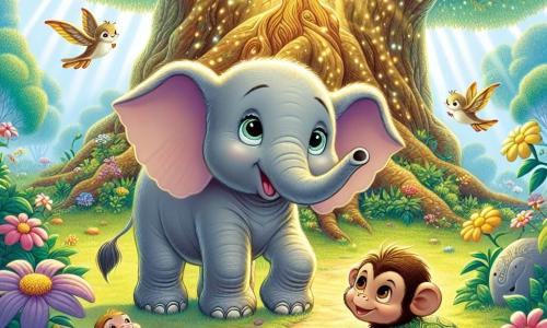 Un jeune éléphant nommé Émile, avec une peau grise douce et de grandes oreilles, se tient au centre de la forêt enchantée, les yeux brillants d'excitation et un large sourire. À ses côtés, un petit singe espiègle nommé Max grimpe sur une branche, tandis qu'une tortue sage appelée Tessa observe au sol. La scène se déroule dans une forêt magique, avec des arbres majestueux aux feuilles dorées et des fleurs colorées. Émile, entouré de ses amis, découvre l'Arbre des Souhaits, immense et lumineux, prêt à exaucer un vœu, tandis qu'un rayon de soleil filtre à travers les branches, créant une ambiance féerique.