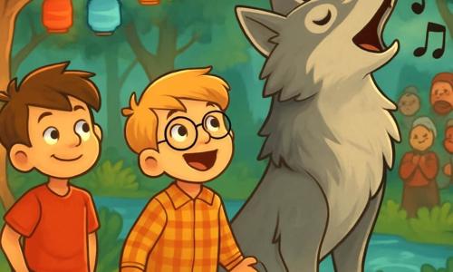 Trois personnages se trouvent dans une clairière enchantée de la forêt des murmures : Lucas, un garçon de 9 ans aux cheveux bruns en bataille, souriant au loup ; Théo, également âgé de 9 ans, avec des cheveux blonds et des lunettes, affichant une expression d'émerveillement ; et un grand loup majestueux au pelage argenté, prêt à chanter. La clairière est entourée d'arbres majestueux et de lanternes colorées, tandis qu'un ruisseau scintille en arrière-plan. Le loup chante avec passion, tandis que Lucas et Théo l'écoutent, leurs visages rayonnant de joie. Les villageois, captivés par la mélodie, créent une ambiance festive.