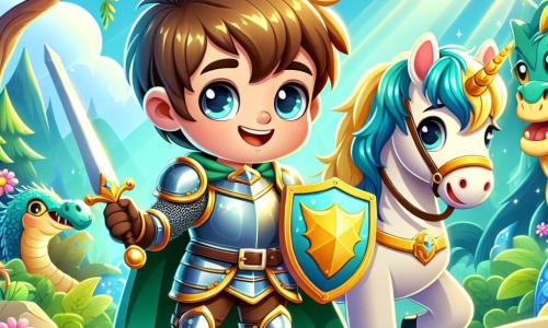 Un jeune chevalier nommé Léo, âgé d'environ 10 ans, se tient courageusement au centre de l'image, portant une armure brillante et affichant un grand sourire. À ses côtés, son fidèle poney Biscotte, aux poils dorés, le regarde avec affection, prêt pour l'aventure. La scène se déroule dans une forêt enchantée, avec des arbres majestueux, des feuilles vertes éclatantes et des fleurs colorées. Des rayons de soleil filtrent à travers les branches, créant des ombres dansantes. Léo se prépare à affronter un dragon magique caché derrière un rocher, avec une expression courageuse et un peu inquiète. Le dragon, aux écailles scintillantes de bleu et de vert, émet une légère fumée, ajoutant du mystère à la scène.