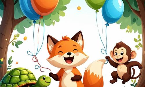 Un renard nommé Félix, au pelage roux éclatant, se tient au centre de la scène, riant aux éclats avec un ballon coloré. À ses côtés, Tania la tortue essaie de garder son équilibre sur un ballon, tandis que Max le singe saute joyeusement d'une branche à l'autre. La scène se déroule dans une clairière ensoleillée de la jungle de Coucouland, entourée d'arbres et de fleurs colorées. Au fond, des animaux applaudissent et rient, créant une atmosphère festive. Félix, Tania et Max participent à une compétition loufoque de grenouilles en équilibre sur des ballons, illustrant un moment de bonheur et d'amitié entre les animaux.