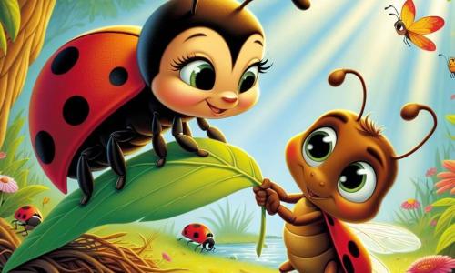 Une coccinelle nommée Lili, rouge à pois noirs, est curieuse et souriante. Elle vole au-dessus d'une brindille, prête à aider son amie, une fourmi nommée Nino, qui tire sur une brindille avec détermination. Non loin, une grenouille verte nommée Gracie attend sur une feuille, impatiente d'être aidée. Le décor est un jardin enchanté, avec des fleurs colorées, des papillons et un ruisseau scintillant. Lili et Nino unissent leurs forces pour dégager le chemin de Gracie, illustrant la magie de l'amitié et de l'entraide.