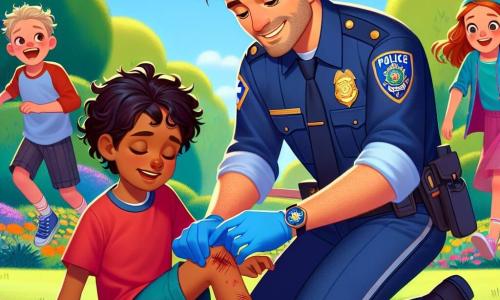 Un policier nommé Maxime, souriant et en uniforme bleu marine, est accroupi pour soigner un jeune garçon, Hugo, 8 ans, qui a une égratignure au genou. Hugo, avec des cheveux châtains et un t-shirt rouge, admire Maxime, qui utilise un petit kit de premiers secours. À proximité, Léa, 7 ans, aux cheveux blonds et bouclés, observe avec excitation, impatiente d'aider à retrouver son chat perdu. La scène se déroule dans un jardin coloré avec des fleurs et un ciel bleu, où des enfants jouent joyeusement, ajoutant une ambiance vivante. Maxime explique l'importance de la sécurité et des premiers secours, créant un lien chaleureux avec les enfants.