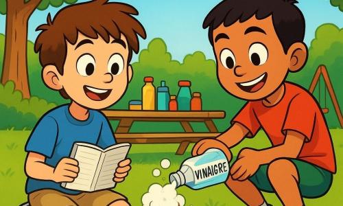Deux garçons de 10 ans, Nino et Sami, sont au cœur de l'action. Nino, aux cheveux bruns ébouriffés, porte un t-shirt bleu et un short beige, carnet en main. Assis sur l'herbe, il est près d'un volcan en pâte à sel qui mousse. Sami, aux cheveux noirs courts, porte un t-shirt rouge et un short vert, baskets brillantes aux pieds. Il tient un flacon de vinaigre, prêt à l'utiliser. Accroupi à côté de Nino, il sourit avec enthousiasme. Ils sont dans une aire de jeux extérieure, entourée d'arbres et d'une grande table en bois remplie de matériel de bricolage. Le ciel est bleu avec quelques nuages. Ils réalisent une expérience scientifique amusante, le volcan déborde de bulles blanches sous leurs yeux émerveillés. Les couleurs vives et joyeuses reflètent l'esprit d'aventure de leurs vacances d'été.