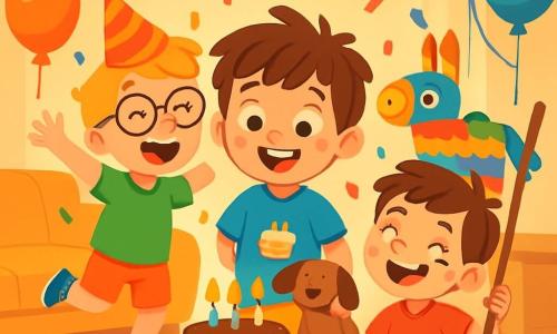 Trois garçons célèbrent l'anniversaire de Tom, un enfant de 6 ans avec des cheveux bruns en bataille, un t-shirt bleu et un short jaune, tenant son doudou. Léo, également âgé de 6 ans, a des cheveux blonds, des lunettes rondes et un t-shirt vert, il saute de joie à gauche de Tom. Max, avec des cheveux châtains et un t-shirt rouge, est à droite de Tom, riant et tenant un bâton pour frapper la piñata. Le salon est festif, décoré de guirlandes et de ballons, avec une table chargée de gâteaux et un gros gâteau au chocolat. L'ambiance est joyeuse, avec des confettis tombant et Tom prêt à souffler ses bougies, tandis que Léo et Max applaudissent.