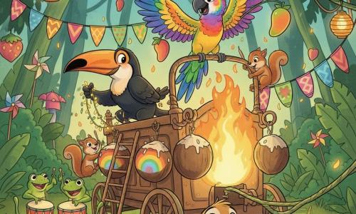 Plume, un perroquet multicolore perché au sommet d’un char, joyeux et fier, ajuste un dernier lampion en forme de fruit; Coco, un grand toucan noir au bec orange, tient une guirlande à gauche; deux écureuils bruns grimpent à des échelles pour peindre des noix de coco en motifs arc‑en‑ciel sur le flanc du char; un trio de grenouilles vertes tape des tambours improvisés à l’avant en riant; un jeune suricate, bouche bée, admire le char éclairé; la clairière de la jungle est décorée de lianes suspendues, lampions fruités colorés, bannières et moulins à vent scintillants, avec de grandes feuilles en rideau; situation : parade de carnaval au crépuscule, char flamboyant illuminé par des lampions en forme de fruits, atmosphère festive, couleurs saturées, mouvement et complicité entre les animaux.