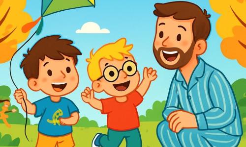 Il y a trois personnages : Louis, un garçon de 5 ans aux cheveux bruns en bataille, portant un t-shirt bleu avec un dinosaure et un short jaune, souriant et tenant un cerf-volant coloré ; Maxence, un garçon de 5 ans avec des cheveux blonds et des lunettes rondes, en t-shirt rouge et pantalon vert, sautillant de joie ; et Papa, un homme d'environ 30 ans avec des cheveux châtains et une légère barbe, en pyjama rayé bleu et blanc, accroupi devant les garçons, riant avec fierté. La scène se déroule dans un parc ensoleillé avec une pelouse verte, des arbres aux feuilles dorées et un ciel bleu avec quelques nuages. Louis et Maxence lancent le cerf-volant dans les airs, tandis que Papa les encourage, créant une ambiance joyeuse pour la fête des pères.