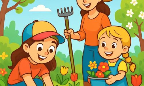 Zoé, une fille de 10 ans aux longs cheveux bruns et aux yeux joyeux, est accroupie dans le jardin avec les mains dans la terre. Elle porte une casquette colorée et des bottes roses. À côté d'elle, sa sœur Emma, 6 ans, avec des cheveux blonds en tresses, tient un seau de fleurs prêtes à être plantées. Leur maman, souriante et âgée d'environ 35 ans, les observe avec fierté, un chapeau de jardinier sur la tête et un râteau à la main. Le jardin est vibrant, rempli de fleurs éclatantes et d'arbres en fleurs sous un ciel bleu clair. Ensemble, elles préparent le jardin pour le printemps, riant et découvrant la magie de la nature.