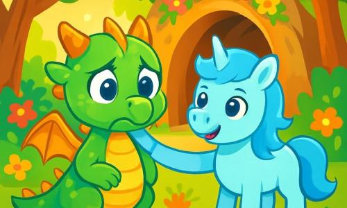 Un petit dragon aux écailles vertes et dorées, nommé Plum, se tient au bord d'une rivière scintillante, inquiet devant une nouvelle grotte entourée de fleurs et d'arbres majestueux. À ses côtés, Flocon, une licorne bleue à la crinière étincelante, l'encourage avec compassion en posant une patte sur son épaule. La scène se déroule près d'une grotte lumineuse, ornée de fleurs, avec des rayons de soleil filtrant à travers les feuilles. Plum, hésitant, prend une profonde inspiration pour surmonter sa peur du changement, tandis que Flocon l'incite à explorer leur nouveau chez-soi.