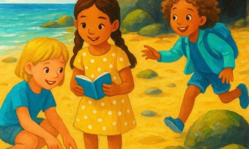 Trois filles se retrouvent dans une crique ensoleillée aux rochers moussus et coquillages colorés : Léa, 8 ans, cheveux bruns en deux tresses, robe jaune à pois blancs, tient un carnet et sourit au centre; Emma, 8 ans, cheveux blonds courts, tee-shirt bleu et short en jean, est accroupie à gauche en pointant un coquillage; Zoé, 7 ans, cheveux bouclés châtain clair, petite veste turquoise, arrive de la droite en courant vers un sac à dos turquoise posé sur le sable et le carnet; atmosphère d'amitié et de découverte, mer turquoise calme et petite grotte sombre en arrière-plan.