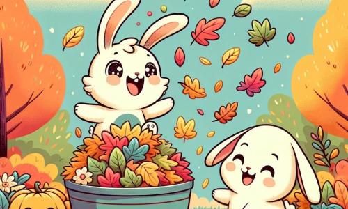 Un petit lapin blanc nommé Léo, aux grandes oreilles et aux yeux pétillants, saute dans une pile de feuilles colorées, souriant. Sa maman, une lapine douce avec un pelage crème, l'observe tendrement, amusée par son jeu. Le jardin est un tableau d'automne avec des arbres aux feuilles rouges, jaunes et oranges, et des citrouilles décorant le sol. Le ciel est bleu clair, parsemé de nuages légers, et le soleil brille doucement. Léo et sa maman s'amusent à ramasser des feuilles, créant une belle pile où Léo s'élance joyeusement, riant dans une ambiance festive.