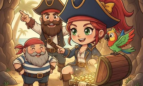 Capitaine femme souriante aux cheveux roux en queue de cheval, grand chapeau de pirate bleu marine à ruban doré, veste courte usée et bottes en cuir, agenouillée devant un coffre ancien ouvert diffusant une lumière chaude; ses yeux verts brillent d'émerveillement; perroquet mâle nommé Coco, petit et coloré (vert, bleu, rouge) sur son épaule droite; à gauche, Grignote, vieux marin rond d'environ 60 ans à barbe grise et blouse rayée, mains sur les hanches, sourire attendri; derrière, Lou, pirate grand et costaud d'environ 30 ans à barbe châtaine, chemise retroussée, sautillant et pointant le coffre; décor : grotte de plage aux murs de pierre, stalactites, entrée éclairée par un rayon de soleil, palmiers visibles, sable doré et coquillages; coffre rempli de pièces brillantes, bijoux colorés et carte ancienne; ambiance chaleureuse, amicale et magique, couleurs saturées, traits ronds, contours nets, éclairage doux, style chibi kawaii, composition centrée sur la capitaine et le coffre.