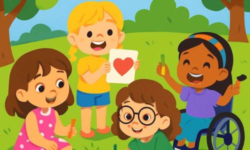 Quatre enfants sont présents : Lila, 7 ans, cheveux bruns, robe rose à pois, assise sur l'herbe avec un crayon de couleur ; Zoé, 6 ans, cheveux blonds en tresses, t-shirt jaune et short bleu, debout à côté de Lila avec un dessin de cœur ; Emma, 7 ans, cheveux châtains bouclés, lunettes, robe verte, accroupie en train de dessiner un gâteau ; Mia, 6 ans, en fauteuil roulant, cheveux noirs, bandeau coloré, t-shirt violet, souriante avec des crayons de couleur. La scène se déroule dans un parc ensoleillé avec des arbres, des fleurs et un ciel bleu. Les filles sont assises en cercle, riant et dessinant des œuvres pour la fête des pères, créant un moment joyeux et plein d'amour.