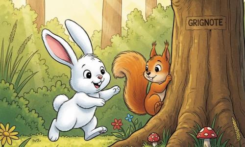 Petit lapin blanc au pelage doux, grandes oreilles arrondies, petit nez rose et air joyeux sautant sur ses pattes arrière et tendant une patte avant ; écureuil roux nommé Grignote, petit, queue très touffue visible derrière le tronc d’un grand chêne ; forêt avec chêne au tronc épais, tapis de mousse, fleurs colorées, champignons rouges à pois blancs et rayon de soleil, scène de cache-cache où le lapin vient de trouver l’écureuil, ambiance lumineuse, couleurs vives, traits simples et ronds évoquant amitié et jeu.