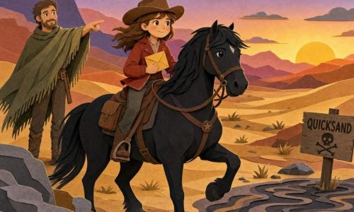 Maria, souriante et déterminée, visage rond coiffée d'un chapeau de cow-boy brun, veste en cuir rouge brique et une enveloppe jaune serrée contre sa poitrine, monte la jument noire Calypso au trot léger tandis que Sam, homme d'une quarantaine d'années en poncho vert olive poussiéreux et barbe courte, se tient derrière à gauche en montrant un passage sûr ; ils traversent une vaste plaine désertique de dunes sable-ocre-rose avec quelques rochers et un petit feu éteint, ciel dégradé bleu-violet de soirée, la scène en style papier découpé à textures grainées, contours en relief, couleurs contrastées, atmosphère chaleureuse et aventureuse.