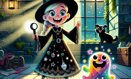Clara, 12 ans, est au centre de la scène, vêtue d'un costume de sorcière noir orné d'étoiles argentées. Elle sourit avec excitation, tenant une lampe de poche et levant l'autre main comme pour lancer un sort. À ses côtés, Gribouille, un esprit farceur translucide et coloré, flotte en riant. En arrière-plan, Ombre, un grand chien noir aux yeux brillants, se tient protecteur. La scène se déroule dans une vieille maison hantée, avec des murs en pierre et des ombres dansantes, créant une atmosphère mystérieuse. Clara, Gribouille et Ombre se préparent à affronter des mauvais esprits, l'air chargé de magie et d'excitation.