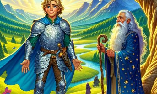Un jeune homme, Lorian, se tient sous un vieux chêne d’argent, les yeux brillants d’excitation et de détermination. Il porte une armure légère en métal poli, ornée de motifs floraux, et une cape bleue flottante. Son épée est plantée dans le sol à ses côtés, et il regarde l’horizon avec un sourire confiant. À ses côtés, un vieux mage, Bartholomé, âgé d’environ 70 ans, avec une longue barbe blanche et des yeux pétillants de sagesse, l’observe. Il est vêtu d’une robe en velours bleu nuit, parsemée d’étoiles dorées, et tient un bâton en bois noueux. Le lieu est une vallée d’Émeraude, baignée de lumière dorée, avec des collines verdoyantes et des rivières scintillantes. Lorian écoute attentivement la prophétie de Bartholomé, prêt à partir à l’aventure pour sauver le royaume du Dragon-Céleste.