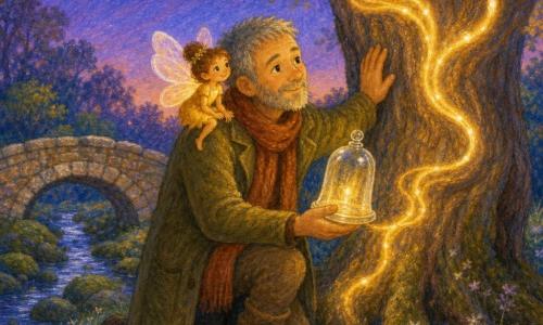 Martin, agenouillé la main sur l'écorce d'un grand arbre ancien, porte un vieux manteau kaki, une écharpe rouille, des bottes usées, cheveux gris et barbe courte; il tient une petite cloche en cristal dont une lumière miel-doré coule en rubans le long du tronc et des branches, guérissant l'arbre et illuminant la clairière au crépuscule — Lili-Lueur, petite fée femelle aux ailes en pétales translucides, est perchée sur son épaule droite en souriant; à l'arrière-plan un vieux pont de pierre et un ruisseau argenté entre des pierres couvertes de mousse, herbe douce et fleurs pâles sous un ciel bleu-violacé avec une étoile brillante, ambiance chaleureuse et magique.