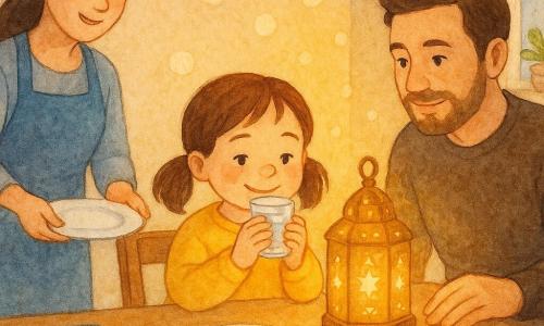 Lina, 4 ans, au centre, fière et soulagée, souriante en pull jaune et deux couettes, tient un petit verre d'eau ; sur la table une lanterne dorée projette des étoiles, une assiette de dattes et biscuits et une serviette bleue ; la maman à gauche en tablier bleu pose une assiette en regardant Lina avec affection, le papa à droite, à genoux, place une boîte étiquetée « Pour tous » ; arrière‑plan : cuisine-salon cosy aux tons crème, lumière de midi et plantes sur le rebord ; ambiance douce et chaleureuse juste après le jeûne de l'enfant, palette jaune-orangé, bleu clair et tons terreux, rendu aquarelle aux bords doux.