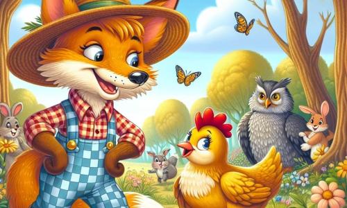 Un renard rusé nommé Roux se tient au centre d'une clairière, portant un grand chapeau de paille et une salopette à carreaux, avec un sourire malicieux. À sa gauche, une poule dorée nommée Margot, aux plumes brillantes, le regarde avec curiosité en chantant. En arrière-plan, des animaux de la forêt, comme un lapin et un hibou, s'approchent pour défendre Margot. La scène se déroule dans une clairière enchantée, entourée d'arbres aux feuilles dorées et de fleurs colorées. Roux tente de tromper Margot avec son déguisement de fermier, tandis que les autres animaux se rassemblent pour la protéger, créant une atmosphère de tension et de camaraderie.
