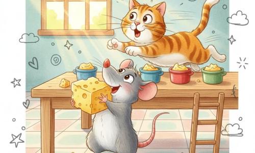 Un petit rat nommé Rémi, joyeux et malicieux, debout sur ses pattes arrière pour saisir un gros morceau de fromage jaune vif tandis qu’un chat tigré nommé Cléo, surpris et gourmand, court d’un pot à l’autre sur une table en bois parsemée de petits pots en céramique colorés; cuisine lumineuse aux carreaux pastel et rayons de soleil, scène dynamique et amusante avec expressions exagérées; style graphique aux couleurs vives, contours doux, textures crayon et aquarelle, petits doodles de notes de fromage et étoiles autour des personnages.