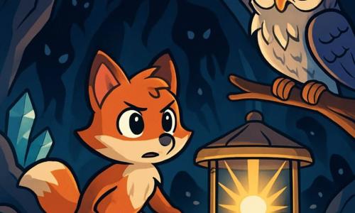 Un jeune renard au pelage roux, avec des yeux curieux et une expression déterminée, se tient au centre d'une caverne mystérieuse, regardant bravement une lumière éclatante au centre d'un vieux manège. À proximité, un vieux hibou argenté, aux yeux brillants, se perche sur une branche, observant le renard avec fierté. La caverne est ornée de cristaux luminescents qui scintillent, projetant des ombres dansantes, tandis que des silhouettes sombres se faufilent dans les recoins. Le renard s'approche courageusement de la lumière, prêt à affronter ses peurs, tandis que les ombres tentent de l'envelopper, créant une tension palpable.