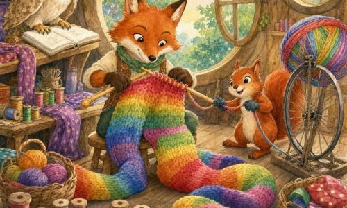 Félix, un renard anthropomorphe au pelage roux et au regard malicieux, est assis sur un tabouret en bois, tricotant avec détermination une énorme écharpe multicolore; Noisette, un écureuil roux vif aux petites pattes gantées, tient la pelote géante fixée à une vieille roue de vélo et la déroule en tirant légèrement; Mimi, une chouette au plumage crème tacheté de brun, perchée sur une étagère, penche la tête et pose une patte sur un cahier de croquis comme pour conseiller; l'atelier chaleureux, lumineux, avec plancher en bois, bobines colorées, tissus à motifs et fenêtres rondes donnant sur des arbres et un ciel pastel, voit l'écharpe arc-en-ciel se déployer en douces boucles autour des personnages dans une ambiance d'entraide et d'énergie créative.