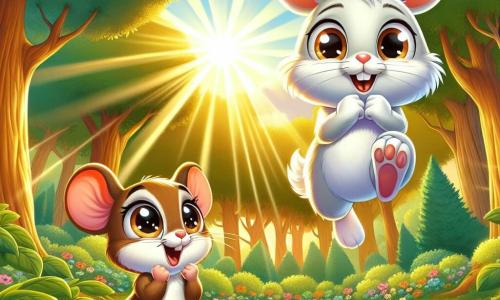 Léo, un petit lapin aux grandes oreilles blanches et aux yeux pétillants, est au centre d'une clairière, prêt à faire un grand saut. À ses côtés, sa meilleure amie Mia, une souris brune, l'encourage avec un sourire et les bras levés. La clairière ensoleillée est entourée d'arbres majestueux et de fleurs colorées, tandis que des rayons de soleil filtrent à travers les branches. Léo, déterminé à surmonter sa peur, s'apprête à sauter, observé par d'autres animaux de la forêt qui lui apportent leur soutien.