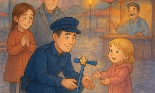 Léo, jeune policier au sourire calme et regard bienveillant, veste bleu marine et casquette posée à côté, est accroupi et tend une trottinette bleue à sonnette en forme d’étoile vers une fillette d’environ 5 ans, cheveux blonds courts, yeux encore brillants mais souriante ; à gauche, un garçonnet d’environ 9 ans, cheveux bruns en natte, visage soulagé et mains jointes, regarde la trottinette ; un homme d’environ 40 ans en manteau gris se tient en retrait, mains dans les poches, visage soulagé ; à l’arrière-plan à droite le kiosquier d’environ 50 ans, souriant, montre du doigt un coin derrière son comptoir où la trottinette avait été posée ; lieu : place de marché au crépuscule, pavés humides, fontaine ronde aux gouttes illuminées, lampadaires jaunes doux, bancs en bois et étals vides aux tissus colorés ; scène de retrouvaille chaleureuse et apaisée, gestes de confiance, expressions soulagées, lumière douce créant des reflets sur le métal de la trottinette et des rehauts sur les visages.