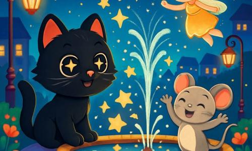 Un petit chat noir nommé Noisette, aux yeux brillants, se tient au bord d'une fontaine scintillante, l'air curieux. À côté de lui, une petite souris grise nommée Choupette, avec un sourire joyeux, regarde la fontaine avec excitation. Plus loin, une fée lumineuse, appelée Lumi, vole au-dessus de la fontaine, affichant une expression de joie. Le lieu est une ville magique, avec des lampadaires dorés et des fleurs colorées dansant au vent. Noisette et Choupette, émerveillés, libèrent des étoiles scintillantes qui illuminent la nuit et remplissent la ville de magie.