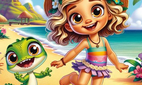 Lila, une fille de 8 ans aux cheveux dorés et aux yeux curieux, danse joyeusement sur une plage de sable doré, portant un maillot de bain coloré et un chapeau de paille. À ses côtés, Kiki, un petit lézard vert, saute avec enthousiasme, ajoutant une touche de magie à la scène. En arrière-plan, la plage de Hawaï, avec des palmiers, des vagues turquoise et des fleurs exotiques, crée une atmosphère festive où Lila participe à un défi de danse traditionnelle hawaïenne, entourée de rires et d'applaudissements des habitants.