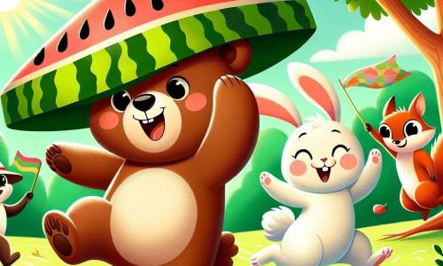 Un petit ours nommé Martin, avec un pelage brun et des yeux joyeux, porte un grand chapeau en forme de pastèque. Il court avec un sourire, ses petites pattes agitées. À côté, Madame Lapin, aux grandes oreilles et au pelage blanc, saute en tenant un drapeau coloré. Un peu plus loin, Monsieur Écureuil, avec un pelage roux et une banane sur la tête, ramasse son chapeau tombé en riant. La scène se déroule dans une clairière verdoyante, entourée d'arbres et de fleurs colorées. Tous les animaux participent à une course hilarante de chapeaux, créant une ambiance joyeuse et festive.