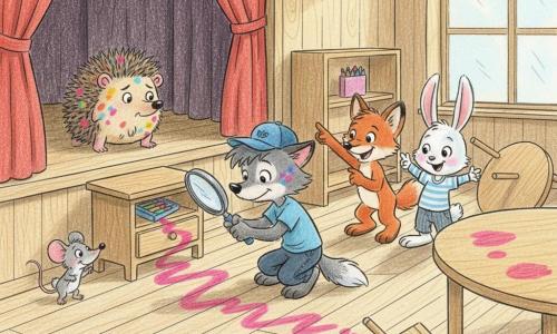 Petit Loup, casquette bleue et loupe, accroupi et curieux regarde sous une commode en bois d’où une traînée de feutre rose mène à une boîte coincée tandis qu’Hérisson, gêné mais soulagé, se cache partiellement derrière le rideau, Lapinette pointe la trace rose, Souricette renifle près de l’étagère vide et Renardeau montre la trace colorée sur le sol dans la grande salle polyvalente en bois aux chaises éparpillées, table renversée et lumière douce, les petits enquêteurs rassemblés, visages animés et ambiance joyeuse.