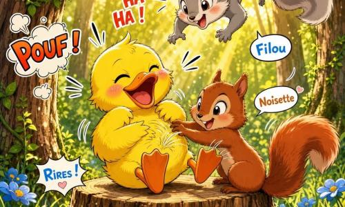 Canard joyeux aux plumes jaunes et bec orange assis sur une grosse souche, Noisette, petit écureuil roux à la queue touffue, le chatouille à droite tandis que Filou, écureuil svelte gris clair tacheté de blanc, est suspendu à une branche prêt à sa jeter, dans une clairière baignée de lumière dorée avec herbe, petites fleurs bleues et jaunes et troncs texturés ; bataille de chatouilles animée aux mouvements exagérés, effets "pouf" et rires façon manga, couleurs chaudes et ambiance tendre et énergique.