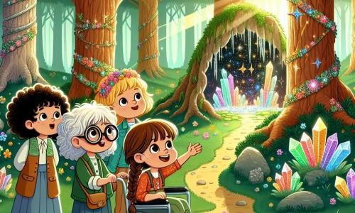 Dans une forêt mystérieuse, quatre petites aventurières se tiennent ensemble. Léa, 9 ans, avec des cheveux bouclés et des lunettes rondes, tient une carte au trésor. Camille, 8 ans, aux cheveux blonds, pointe une grotte scintillante. Émilie, 9 ans, avec des cheveux bruns et une tresse, est émerveillée. Sophie, 9 ans, avec des cheveux châtains et un fauteuil roulant décoré, observe la scène. La forêt est dense avec de grands arbres, des feuilles vertes et des rayons de soleil. Les quatre amies viennent de découvrir un coffre au trésor caché derrière les cristaux dans la grotte, prêtes pour une aventure inoubliable.