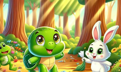 Une tortue verte nommée Tilly, avec une carapace brillante et des yeux curieux, se tient au centre, souriante et déterminée, ramassant des déchets dans une forêt ensoleillée. À sa droite, un lapin blanc nommé Benny bondit joyeusement, tenant un morceau de papier. À gauche, une grenouille verte nommée Gigi croasse avec enthousiasme, fière de participer. La forêt est luxuriante, avec de grands arbres, des fleurs colorées et un sol parsemé de feuilles dorées. Tilly, Benny et Gigi nettoient la forêt, entourés de déchets colorés, montrant l'importance de protéger la nature.