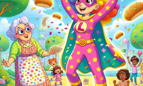 Lila, une jeune femme souriante aux cheveux bouclés et colorés, porte un costume de super-héroïne en pyjama coloré avec un grand "L" sur la poitrine. Elle éternue, provoquant une pluie de confettis multicolores qui illuminent son visage de joie. À ses côtés, Madame Pompom, une femme d'une cinquantaine d'années avec des lunettes rondes et un tablier à fleurs, admire les petits pains chauds qui tombent grâce aux confettis, les bras ouverts. En arrière-plan, un groupe d'enfants de 6 à 10 ans rit et danse en essayant d'attraper les confettis et les ballons flottants, leurs visages rayonnants de bonheur. La scène se déroule dans un parc ensoleillé de Rigolopolis, avec des arbres verdoyants et un ciel bleu parsemé de nuages. Lila, la super-héroïne des confettis, utilise son pouvoir comique pour apporter joie et rires aux habitants, transformant un moment ordinaire en fête éclatante.