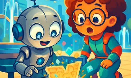 Un petit robot nommé Ziggy, avec un corps en métal argenté et de grands yeux lumineux, découvre une carte ancienne sous un banc flottant. À côté de lui, une petite fille aux cheveux bouclés et aux lunettes rondes, vêtue d'une combinaison futuriste colorée, regarde avec émerveillement. En arrière-plan, la place centrale de Technopolis est animée, avec des fontaines musicales et des véhicules volants dans le ciel bleu. Ziggy ouvre la boîte métallique, révélant la carte mystérieuse, tandis que des hologrammes multicolores flottent autour d'eux, créant une atmosphère magique.